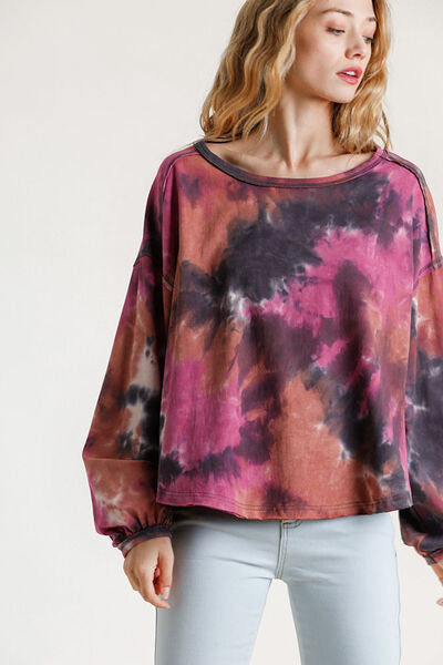 Umgee Full Size Tie Dye Round Neck Long Balloon Sleeve Top Plus Size MAUVE GREY