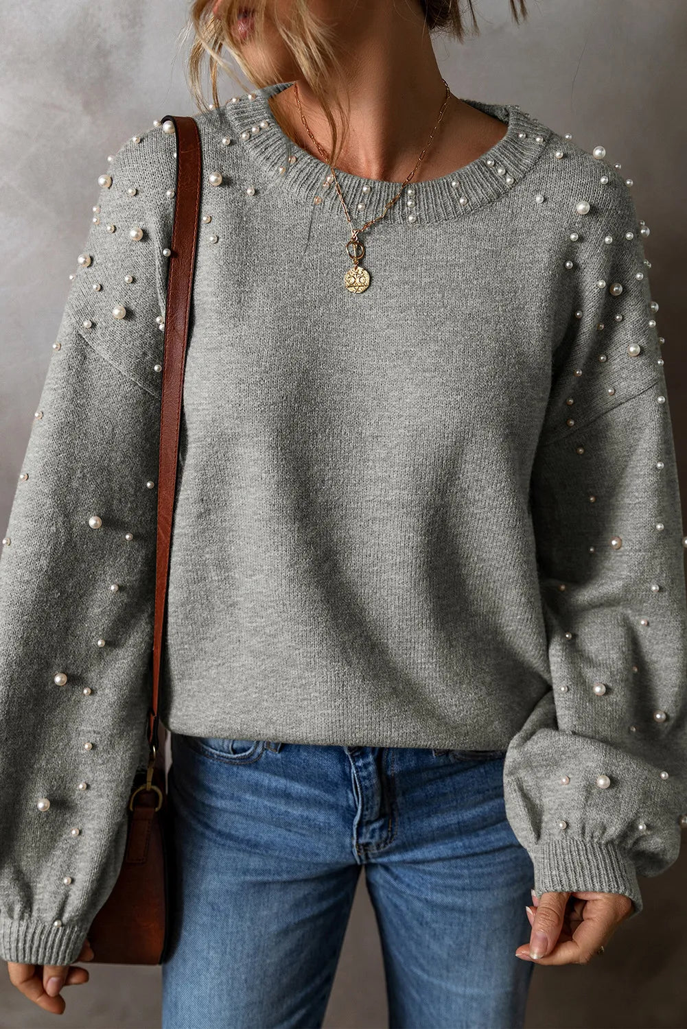 Pearl Detail Round Neck Long Sleeve Sweater