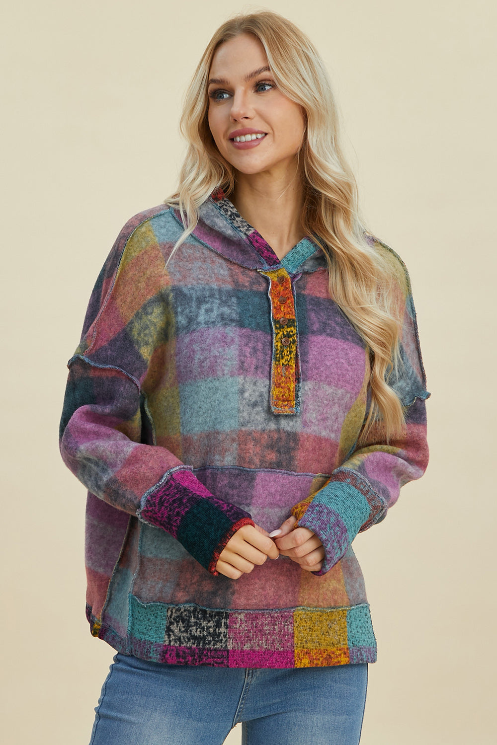 Double Take Full Size Plaid Dropped Shoulder Hoodie Heliotrope Purple