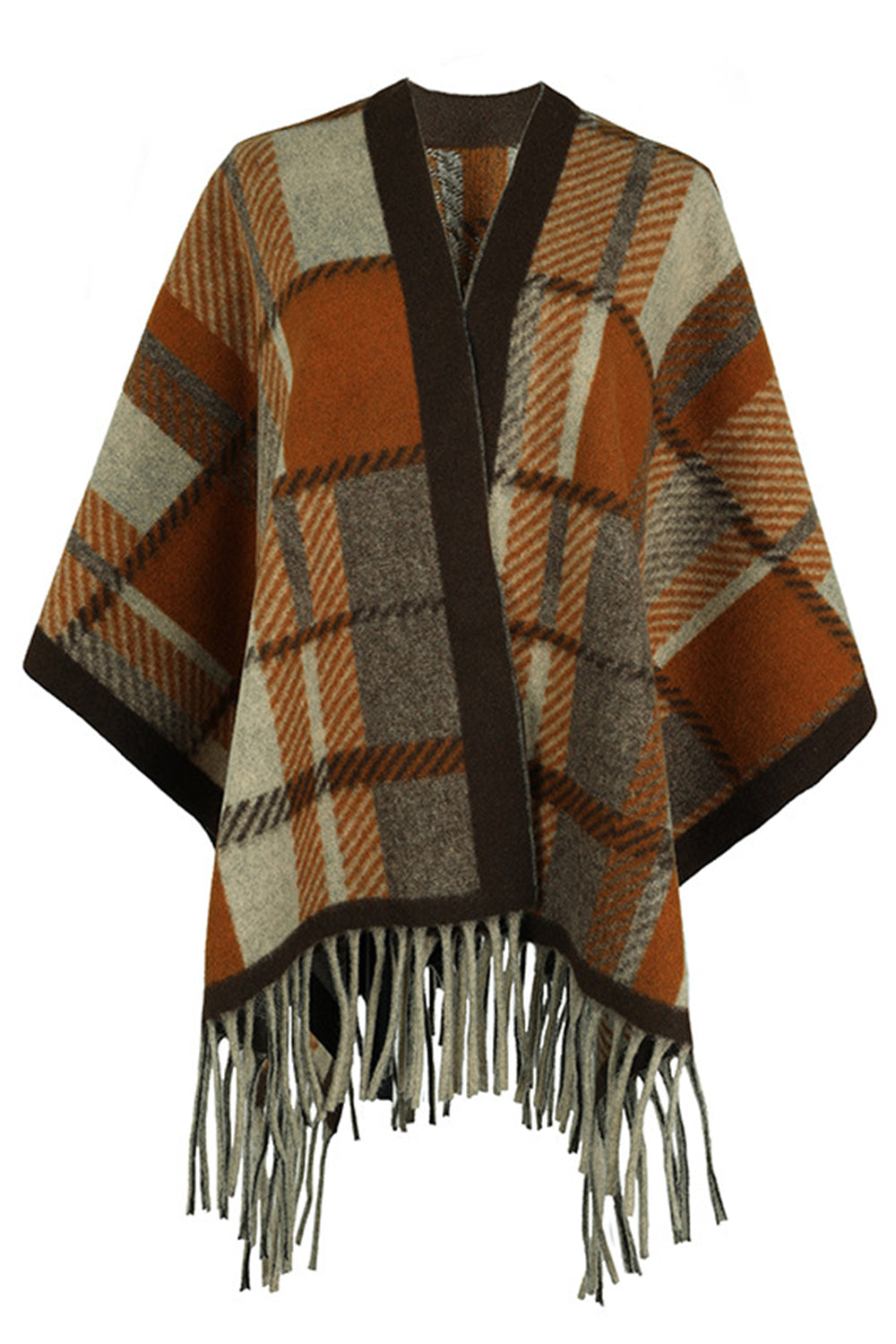 Cloak Sleeve Fringe Detail Poncho Camel One Size