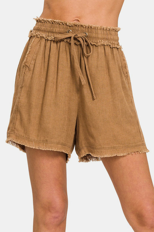 Zenana Washed Linen Frayed Hem Drawstring Shorts