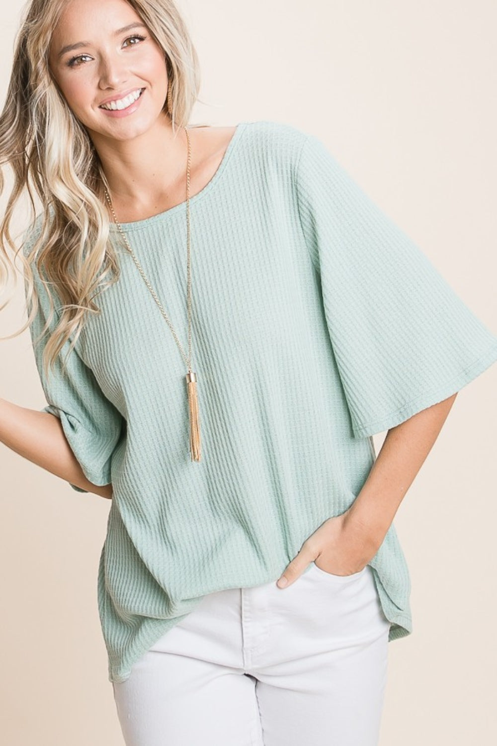 BOMBOM Round Neck Waffle Knit T-Shirt Sage