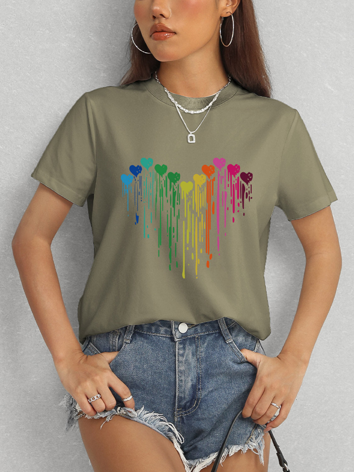 Heart Round Neck Short Sleeve T-Shirt