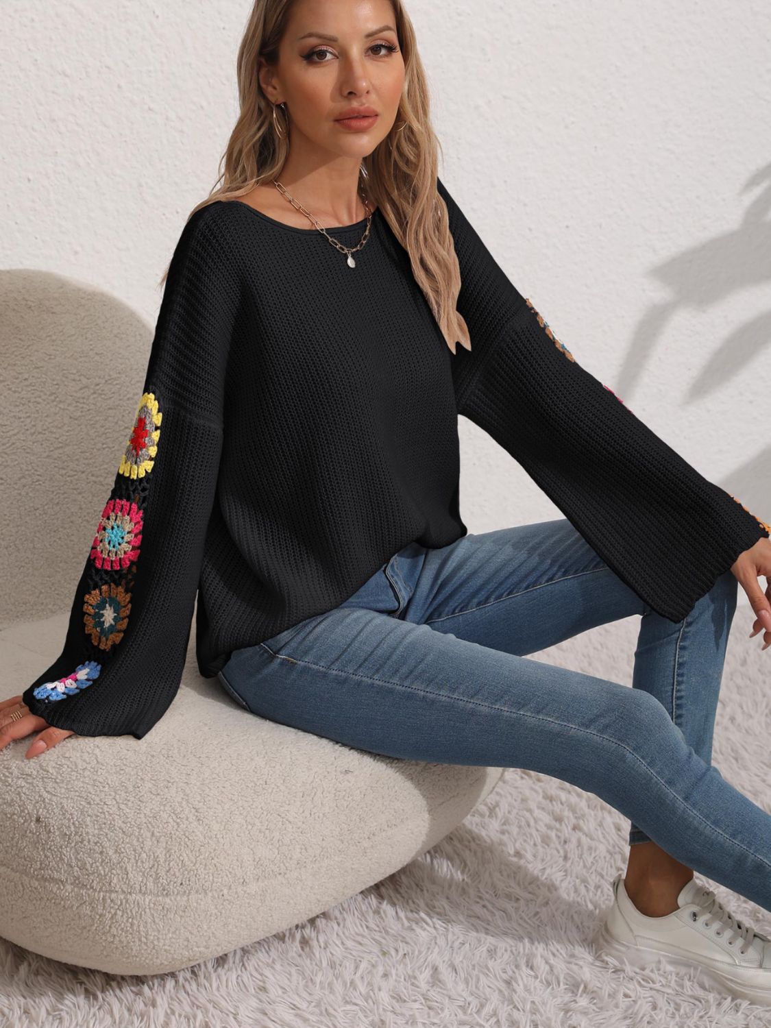 Crochet Flower Long Sleeve Sweater Black