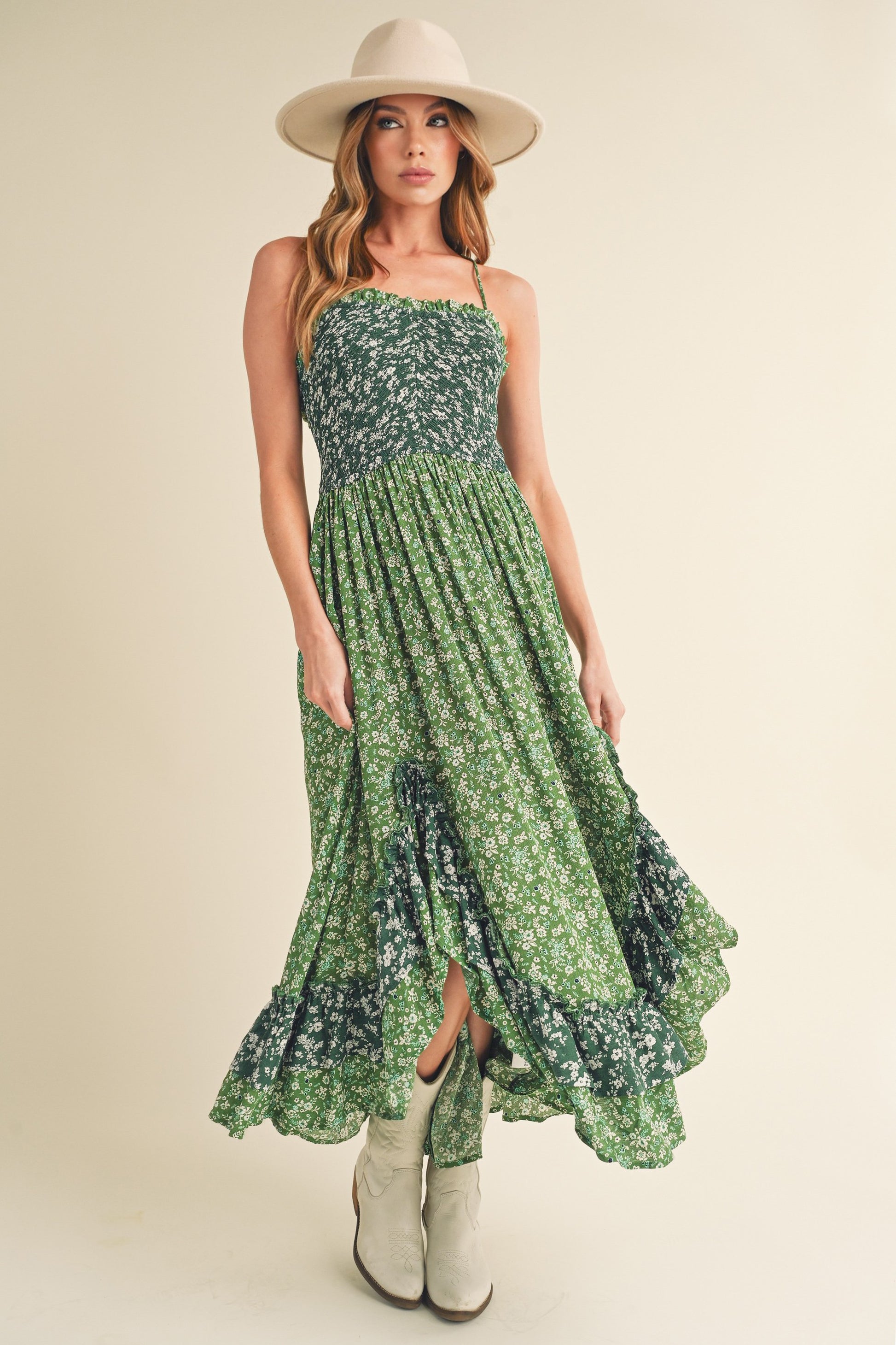 Aemi + Co Ditsy Floral Ruffled Hem Maxi Cami Dress Green