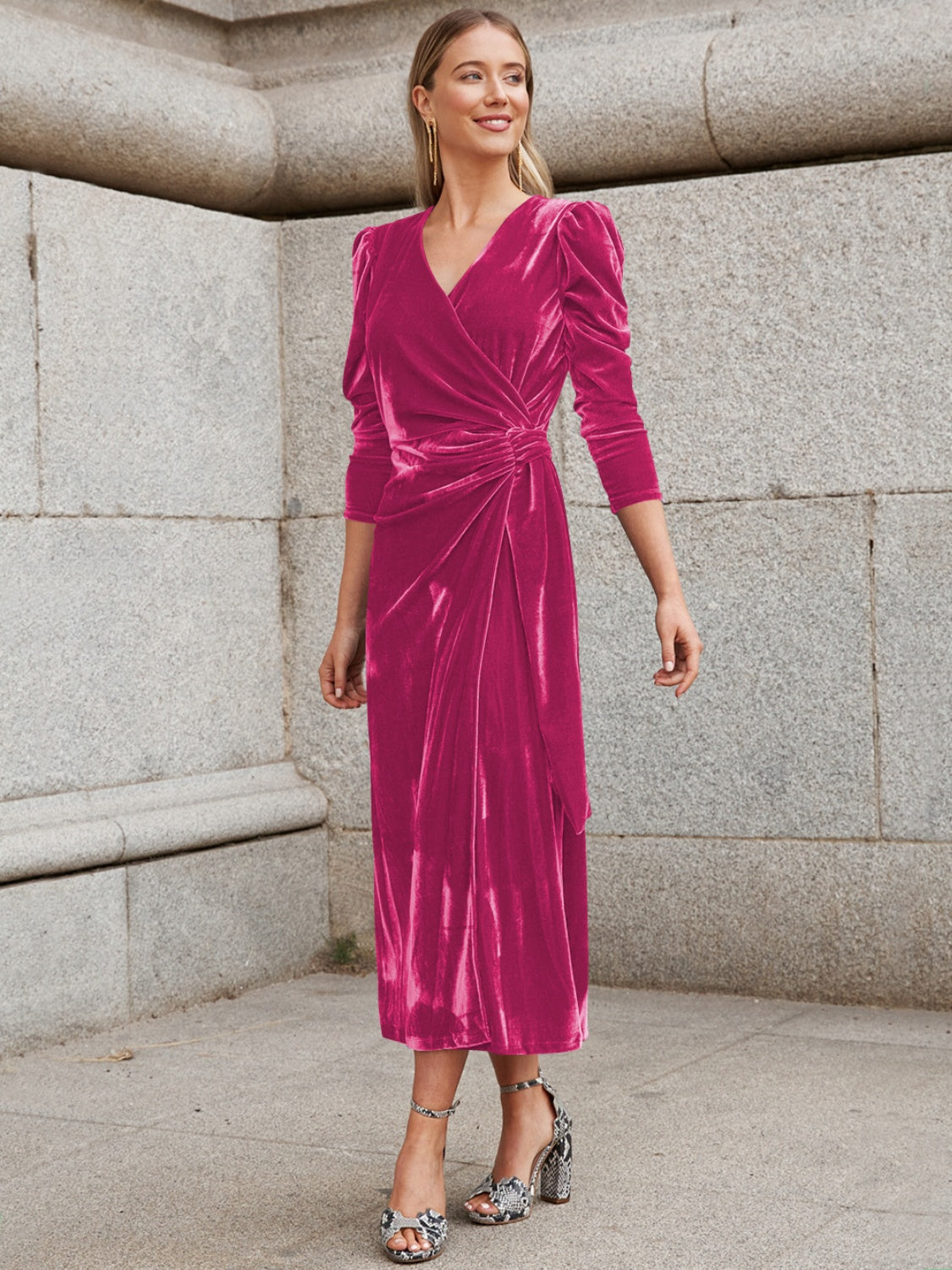 Surplice Puff Sleeve Midi Dress Hot Pink