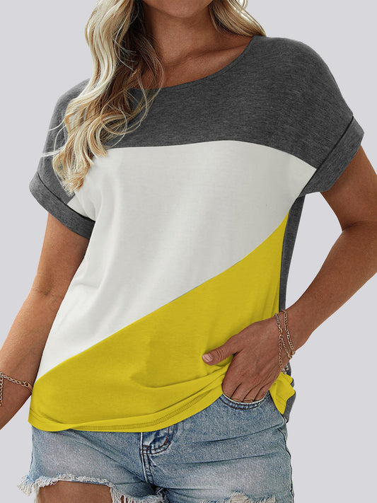 FAM-FAM Color Block Round Neck Short Sleeve T-Shirt