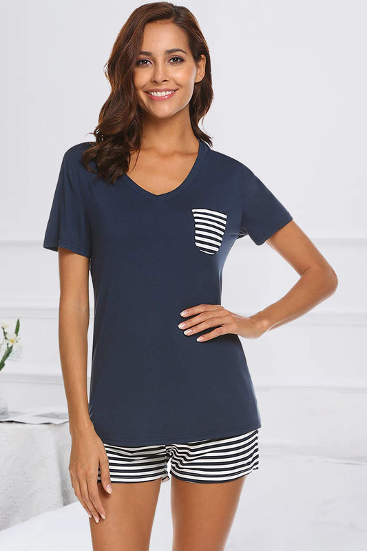 Striped Short Sleeve Top and Shorts Lounge Set Dark Blue