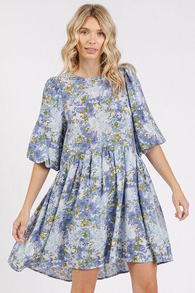 Mittoshop Flower Print Linen Blend Babydoll Mini Dress Blue