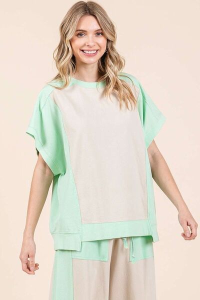 Mittoshop Oversized Color Block Short Sleeve T-Shirt Natural Mint