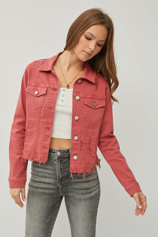 RISEN Raw Hem Button Up Cropped Denim Jacket BRICK