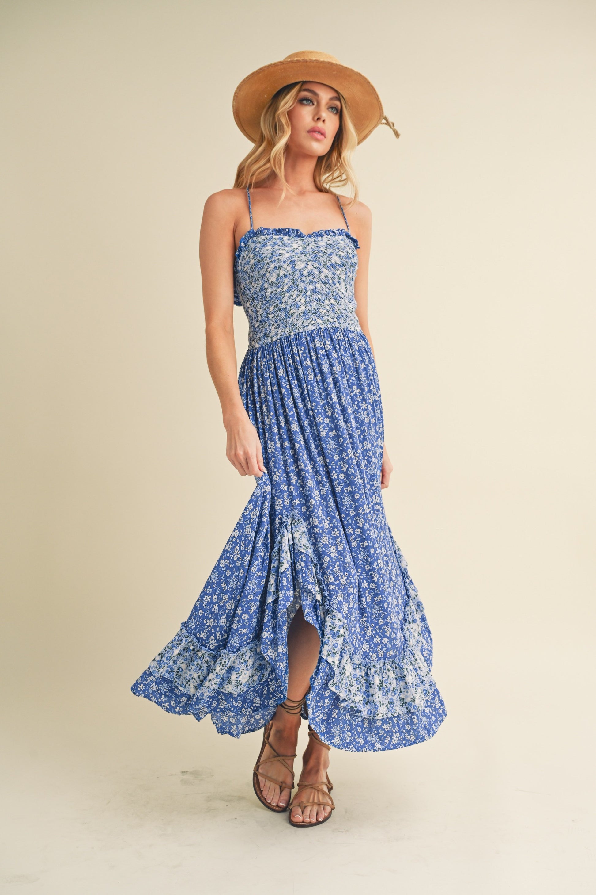 Aemi + Co Ditsy Floral Ruffled Hem Maxi Cami Dress Blue