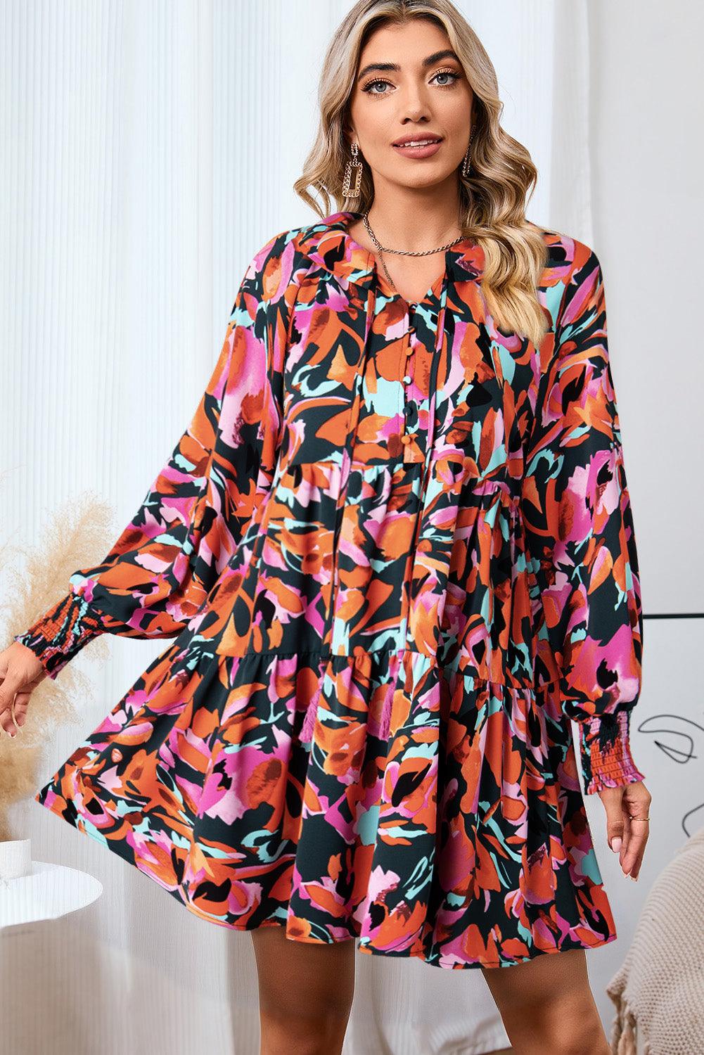 Printed Tie Neck Lantern Sleeve Mini Dress Multicolor