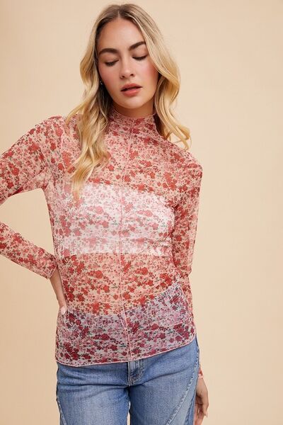 Annie Wear Floral Lettuce Hem Sheer Mesh Top Ivory Rose