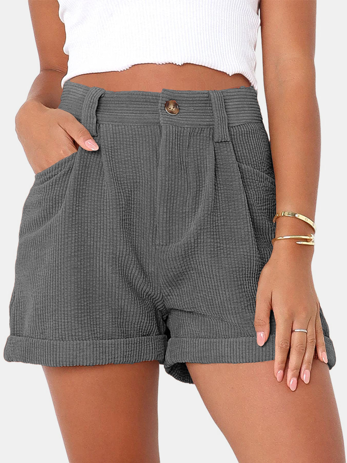 Full Size High Waist Shorts with Pockets Dark Gray