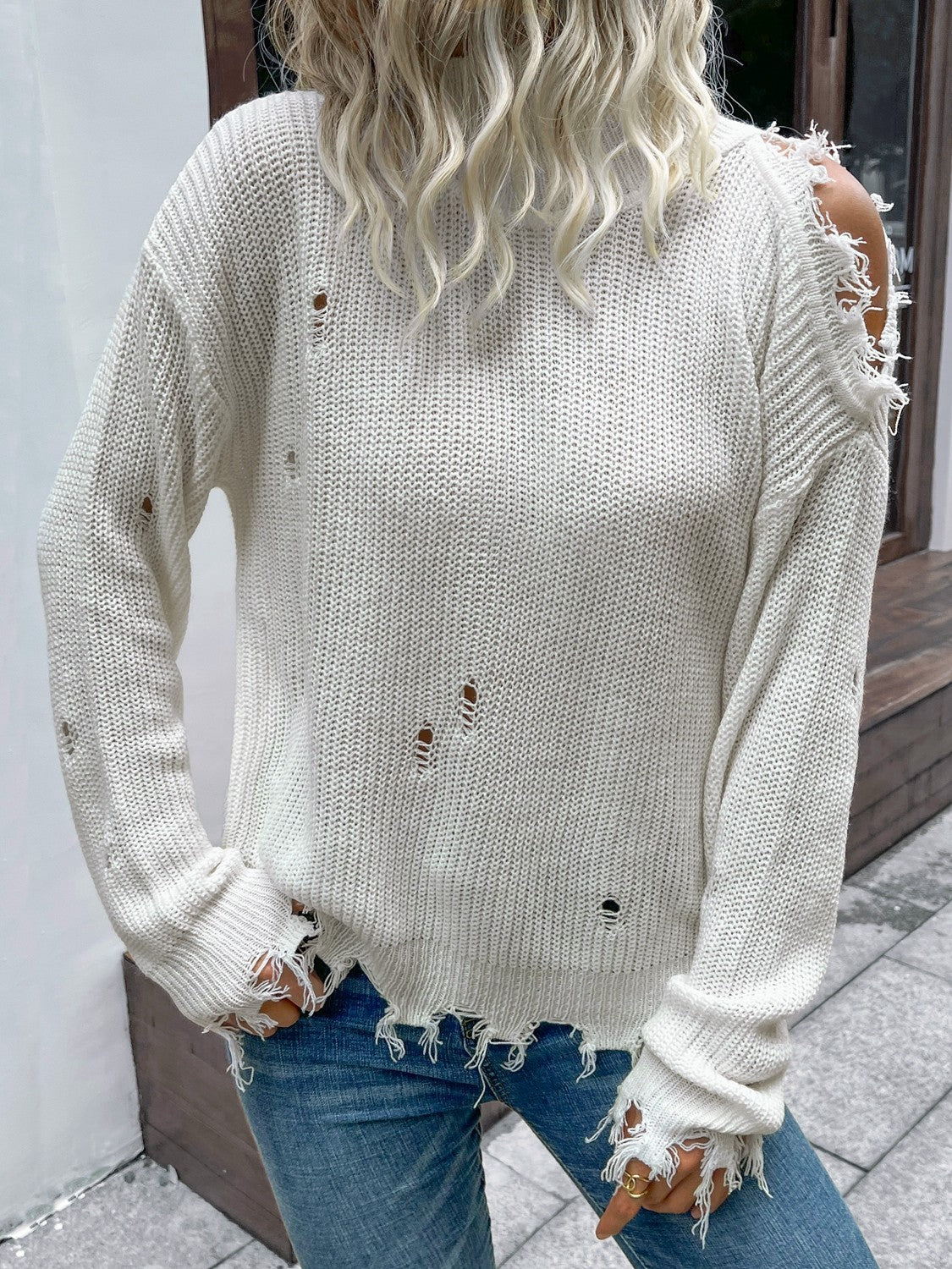 Perfee Distressed High Neck Cold-Shoulder Sweater