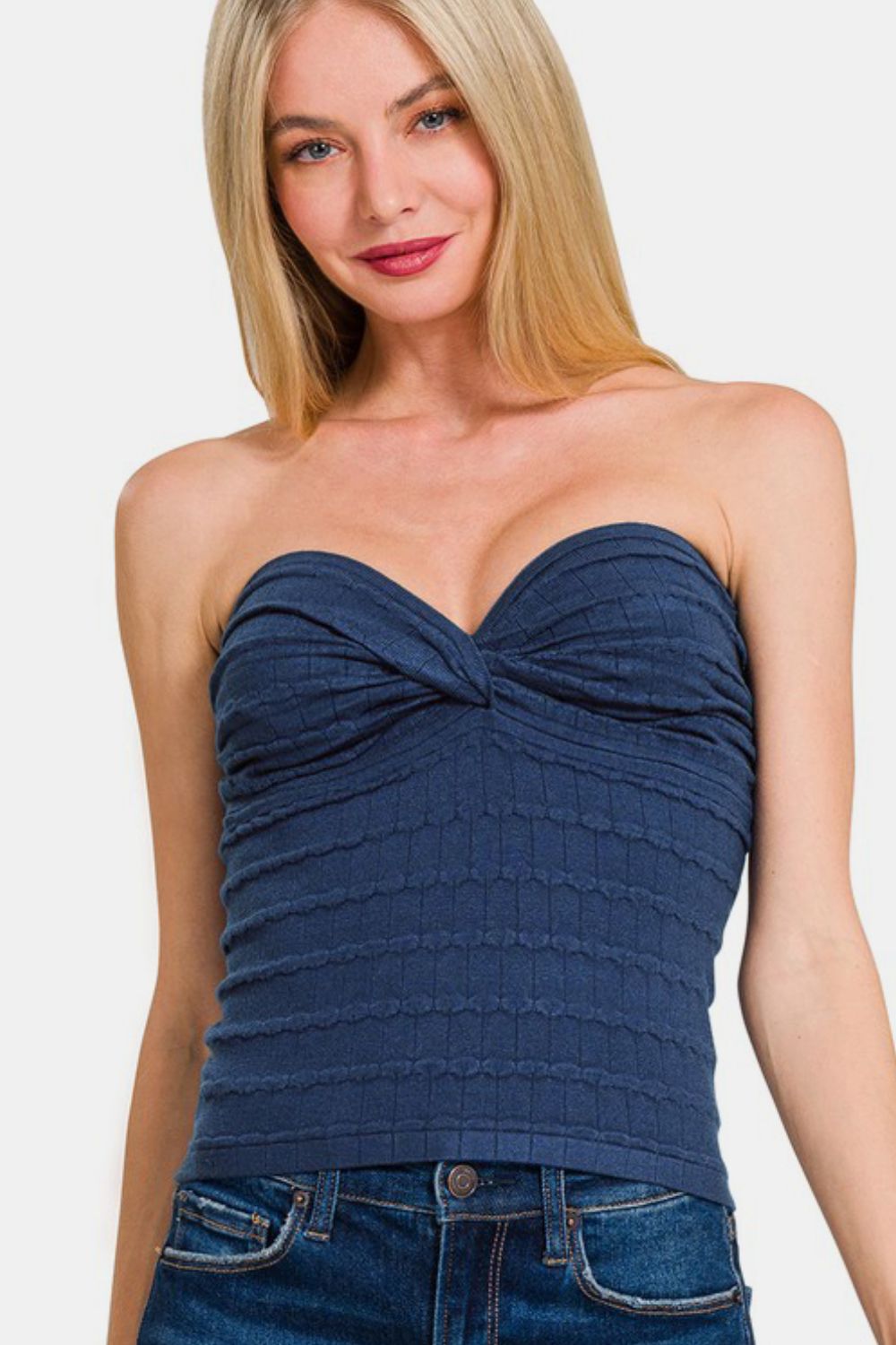 Zenana Ruched Twisted Sweetheart Neck Top Lt Navy