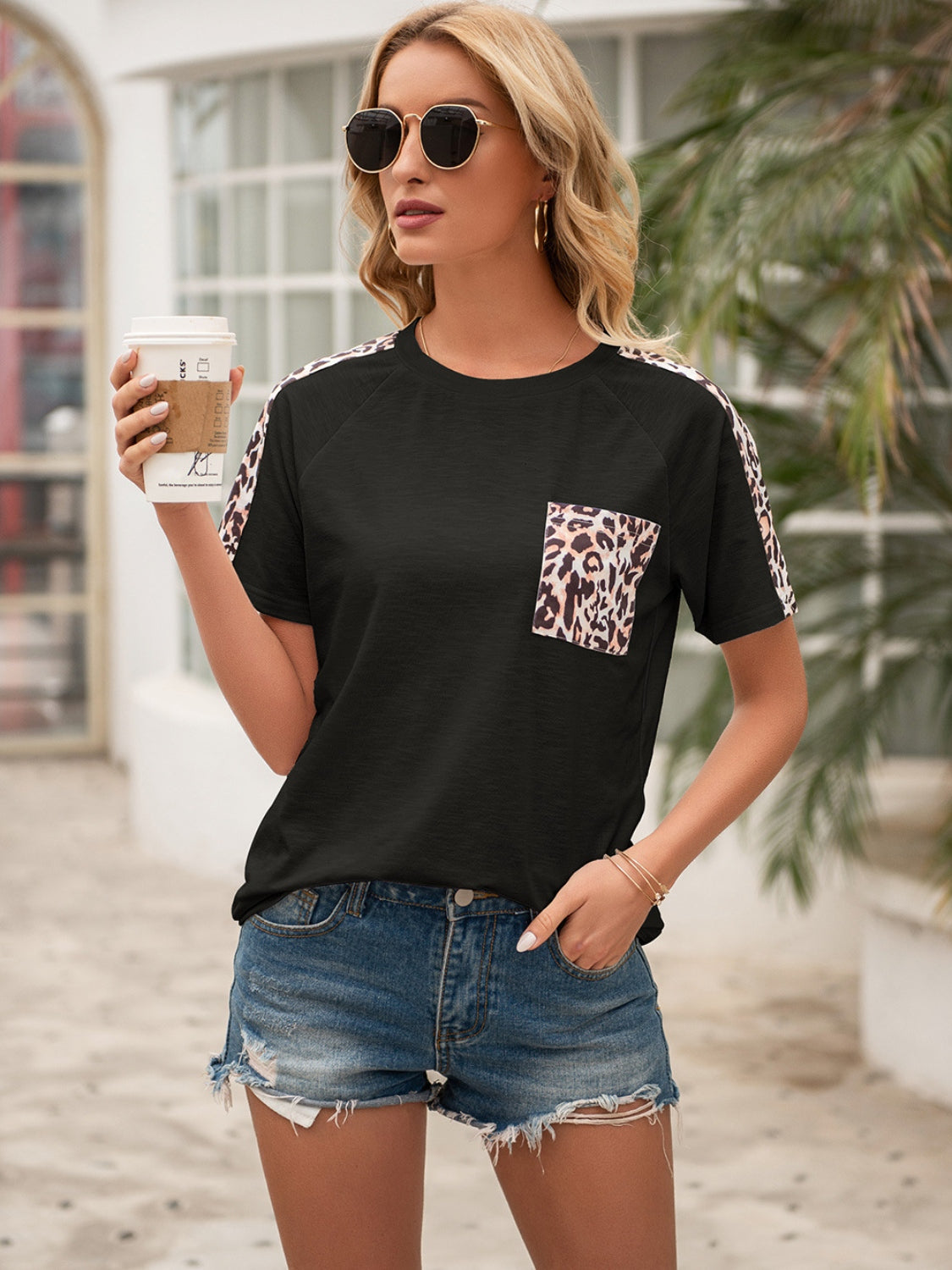 Ivy Lane Pocketed Leopard Round Neck Short Sleeve T-Shirt