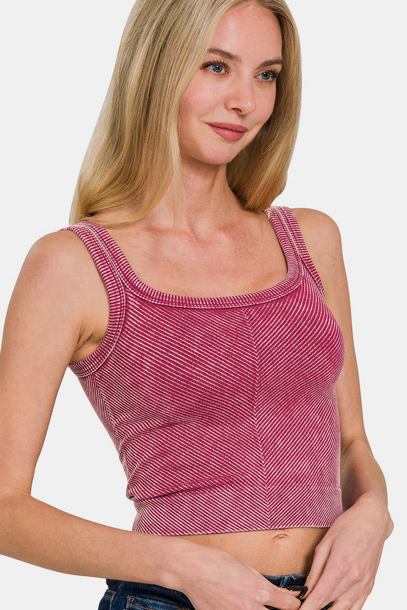 Zenana Washed Ribbed Scoop Neck Wide Strap Tank Burgundy