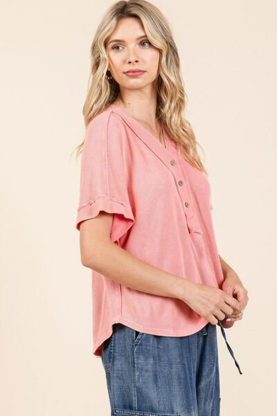 Mittoshop Mineral Wash Henley Short Sleeve Waffle Knit Top