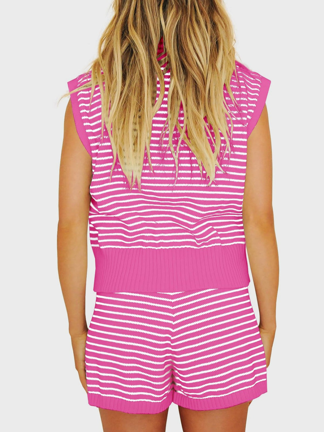 Striped Cap Sleeve Top and Shorts Sweater Set Hot Pink