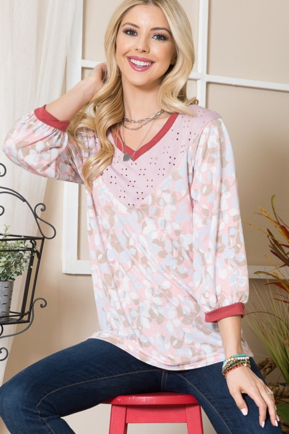 Celeste Full Size Leaf Print Contrast Trim Balloon Sleeve Top