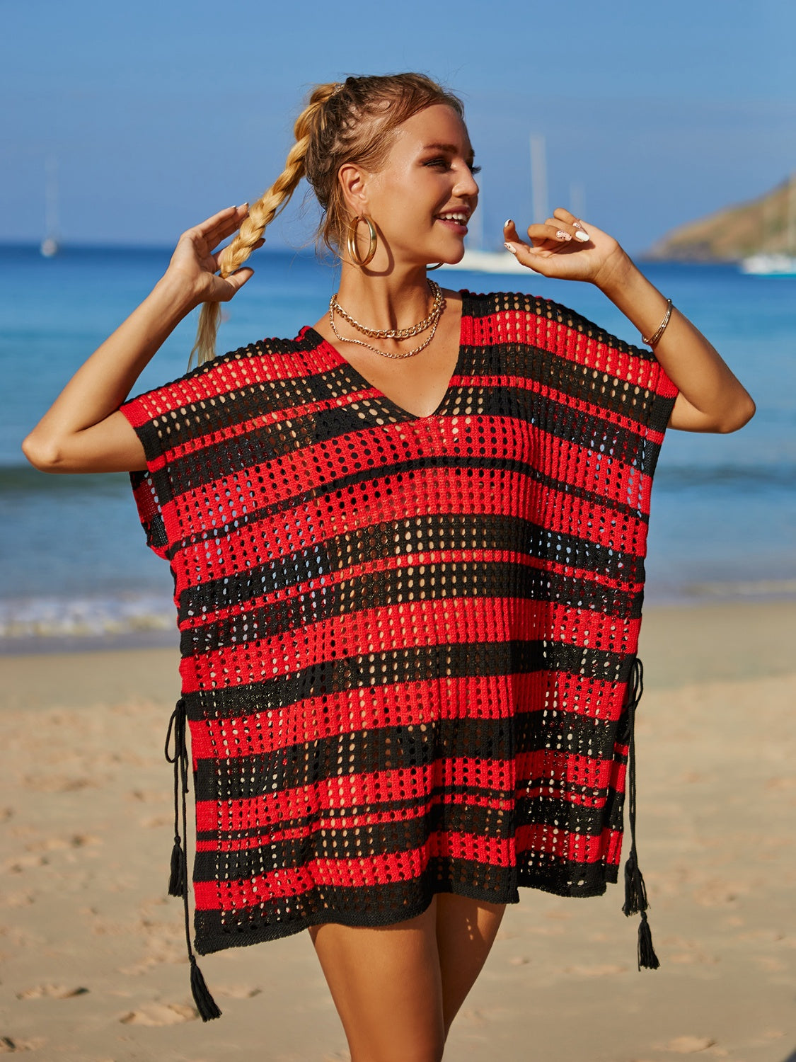 Tassel Openwork Striped V-Neck Cover Ups