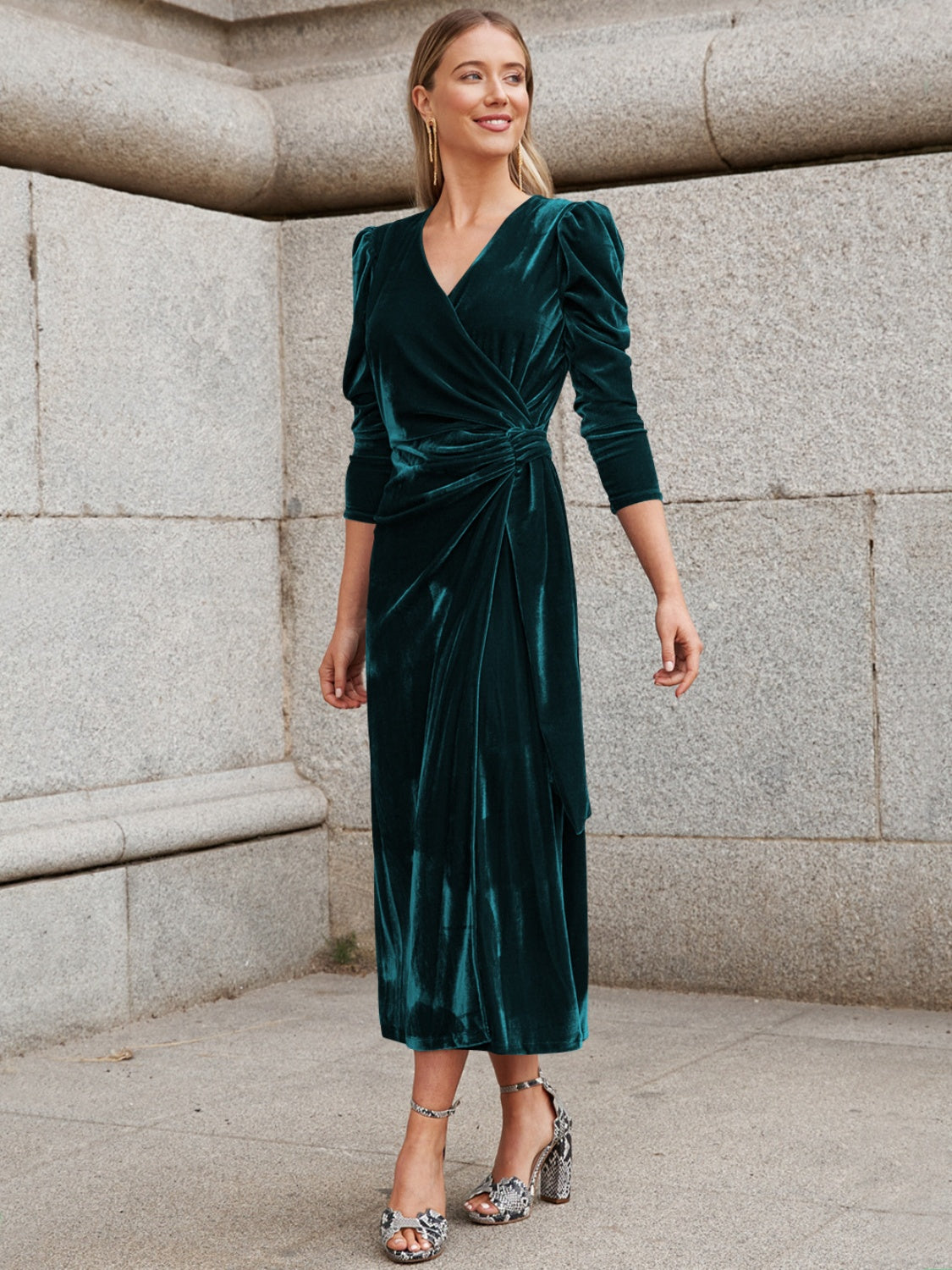 Surplice Puff Sleeve Midi Dress Dark Green