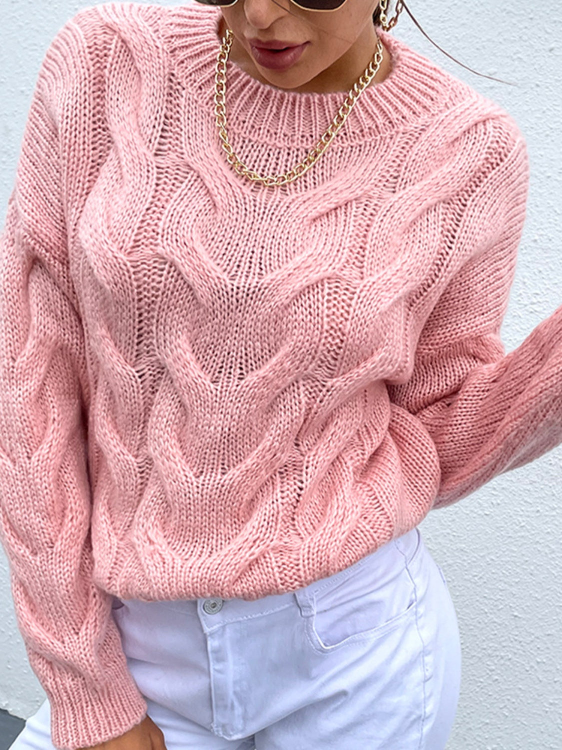 Shiny Cable-Knit Round Neck Long Sleeve Sweater