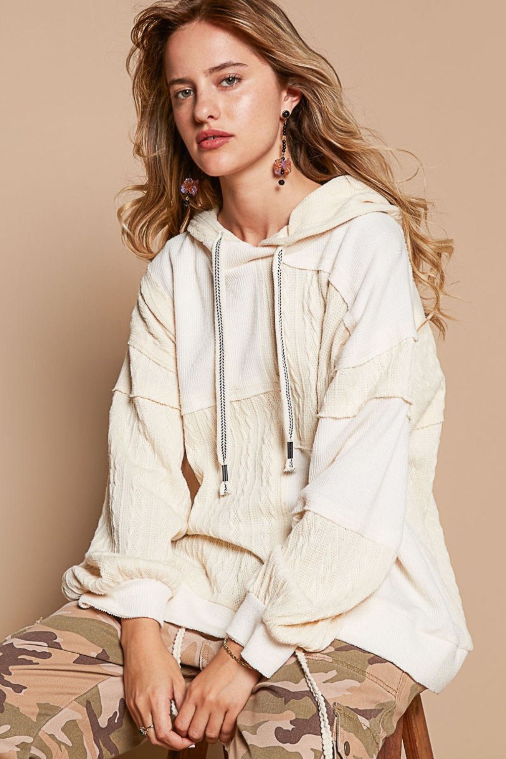 POL Exposed Seam Hooded Knit Top Cream