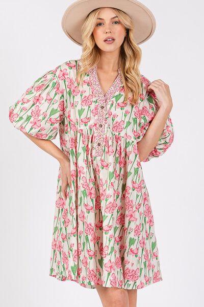 SAGE + FIG Floral Half Button Notched Puff Sleeve Dress