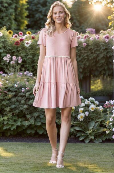 Heimish Full Size Solid Mini Tiered Dress with Pompom Lace Plus Size Dusty Rose