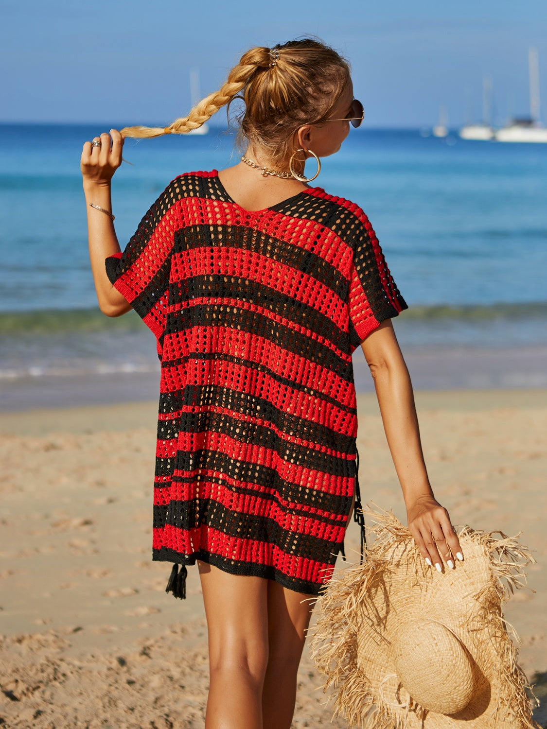 Tassel Openwork Striped V-Neck Cover Ups