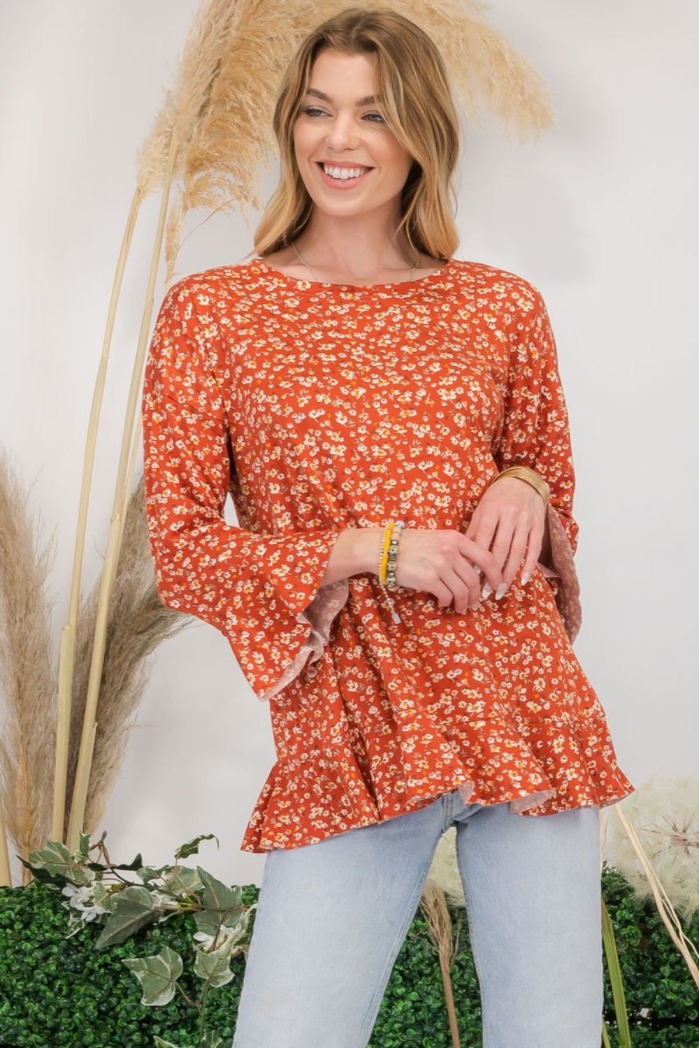 Celeste Full Size Floral Ruffle Detail Top Rust