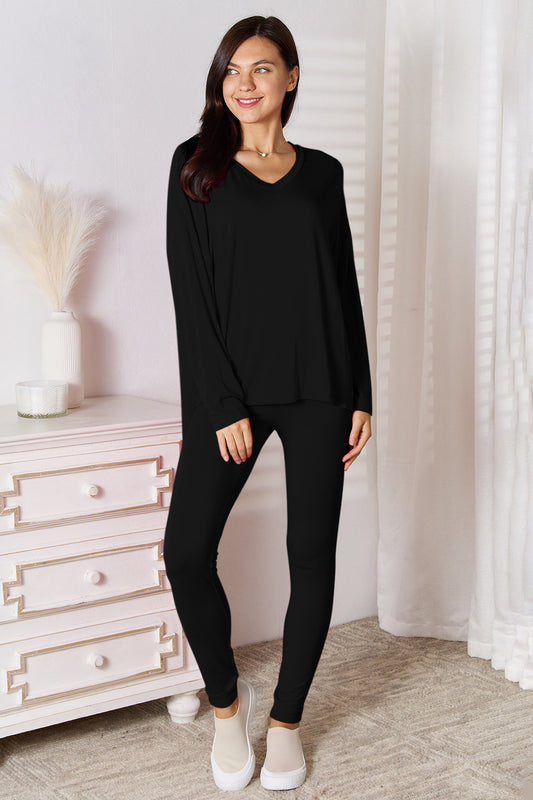 Basic Bae Bamboo Full Size V-Neck Long Sleeve Top and Pants Lounge Set Black