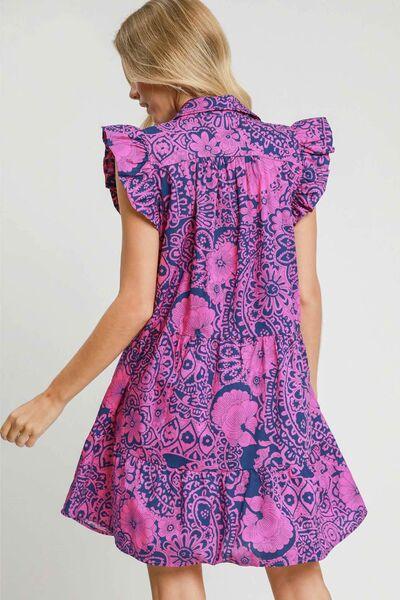 Umgee Full Size Printed Ruffle Cap Sleeve Babydoll Dress Plus Size NAVY PINK