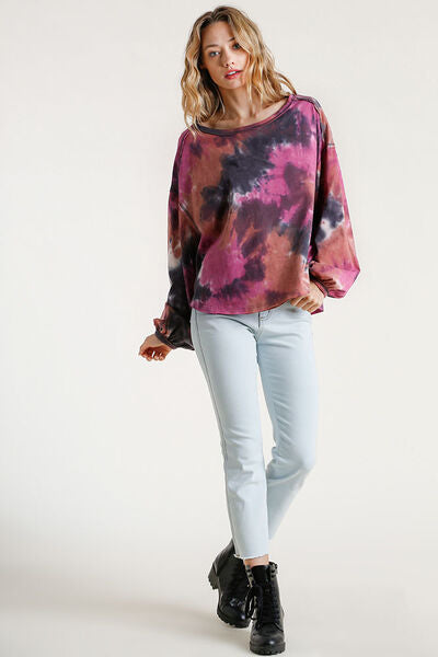 Umgee Full Size Tie Dye Round Neck Long Balloon Sleeve Top Plus Size