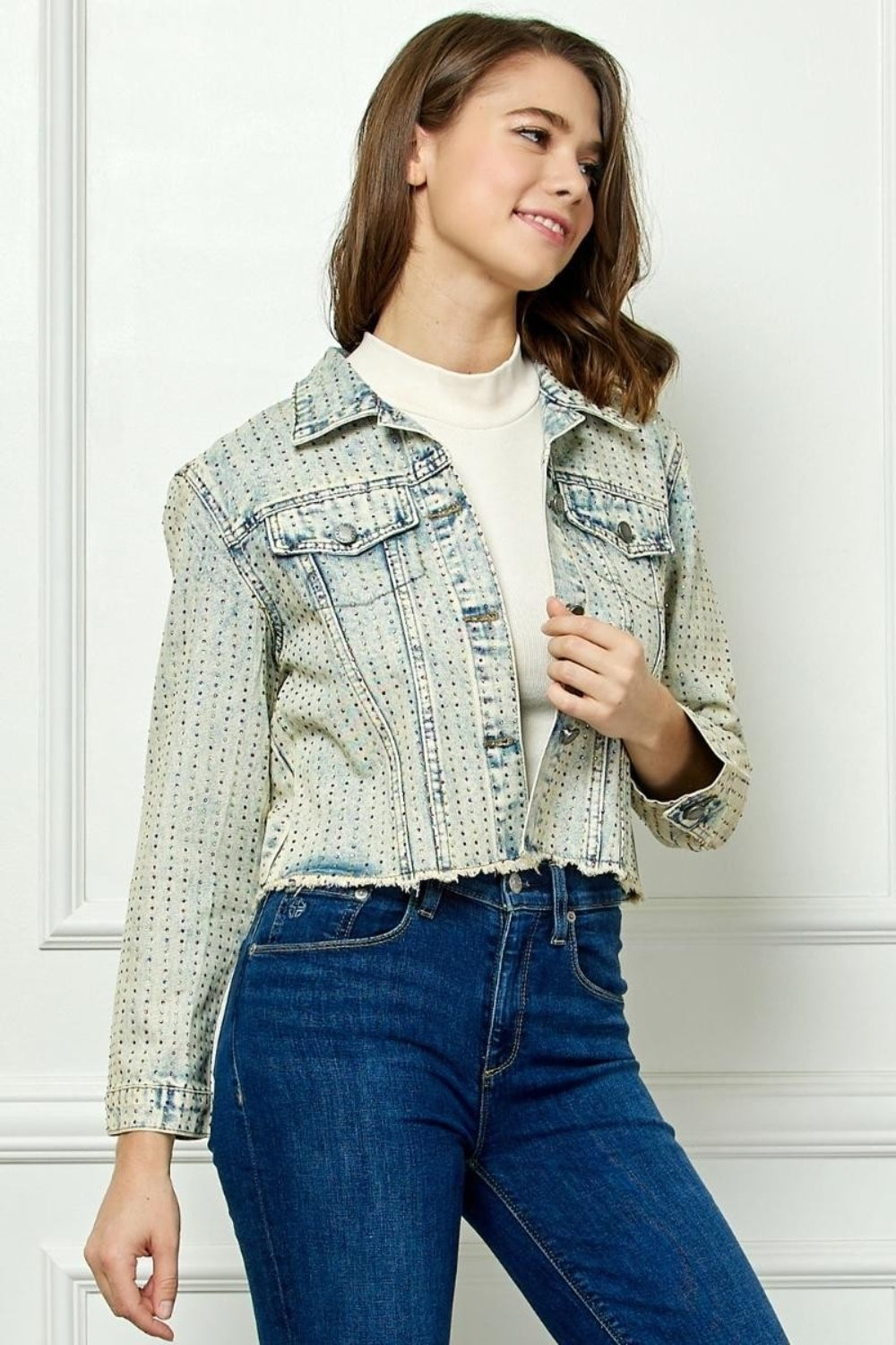 Veveret Multi Color Stripe Rhinestone Raw Hem Denim Jacket MEDIUMWASH