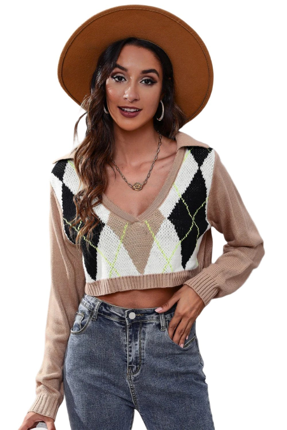 Geometric Long Sleeve Cropped Sweater