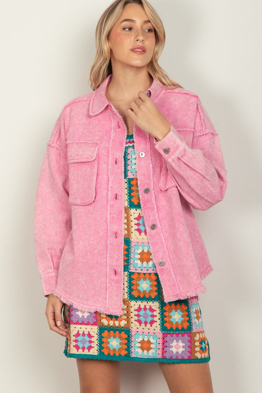 VERY J Full Size Button Up Raw Hem Long Sleeve Jacket PINK