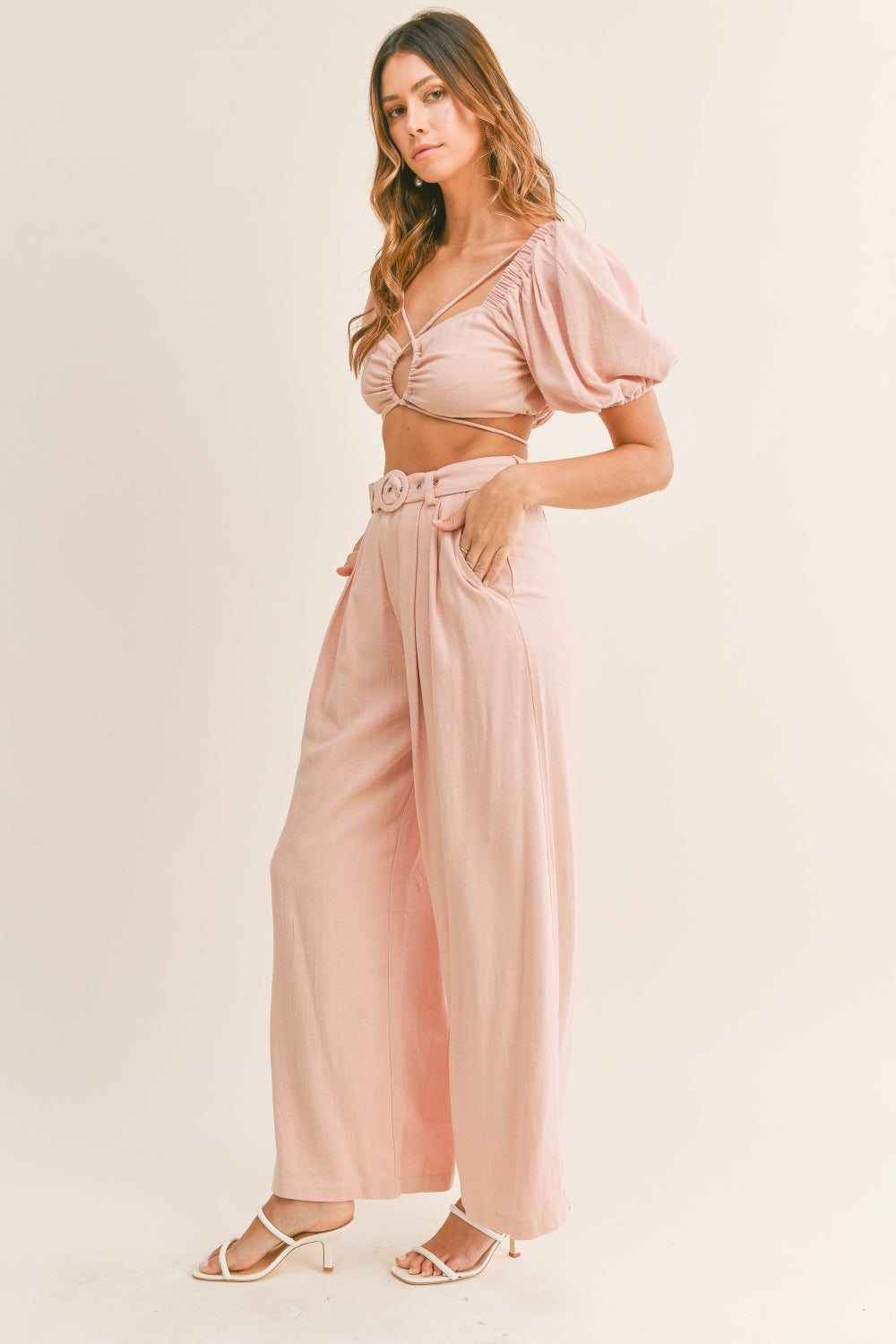 MABLE Cut Out Drawstring Crop Top and Belted Pants Set Dusty Pink