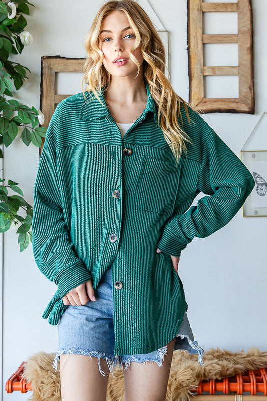 Reborn J Striped Button Up Long Sleeve Shacket HUNTER GREEN