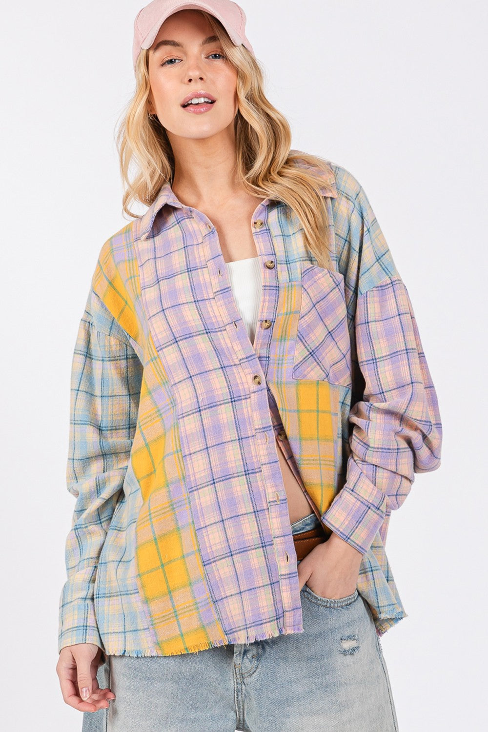 SAGE + FIG Button Up Raw Hem Plaid Flannel Shirt Lavender