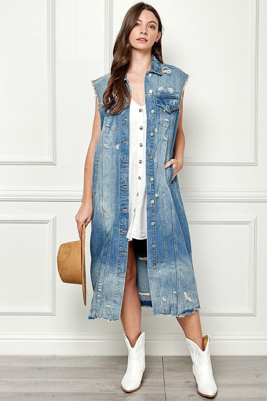 Veveret Full Size Distressed Sleeveless Longline Denim Jacket MEDWASH