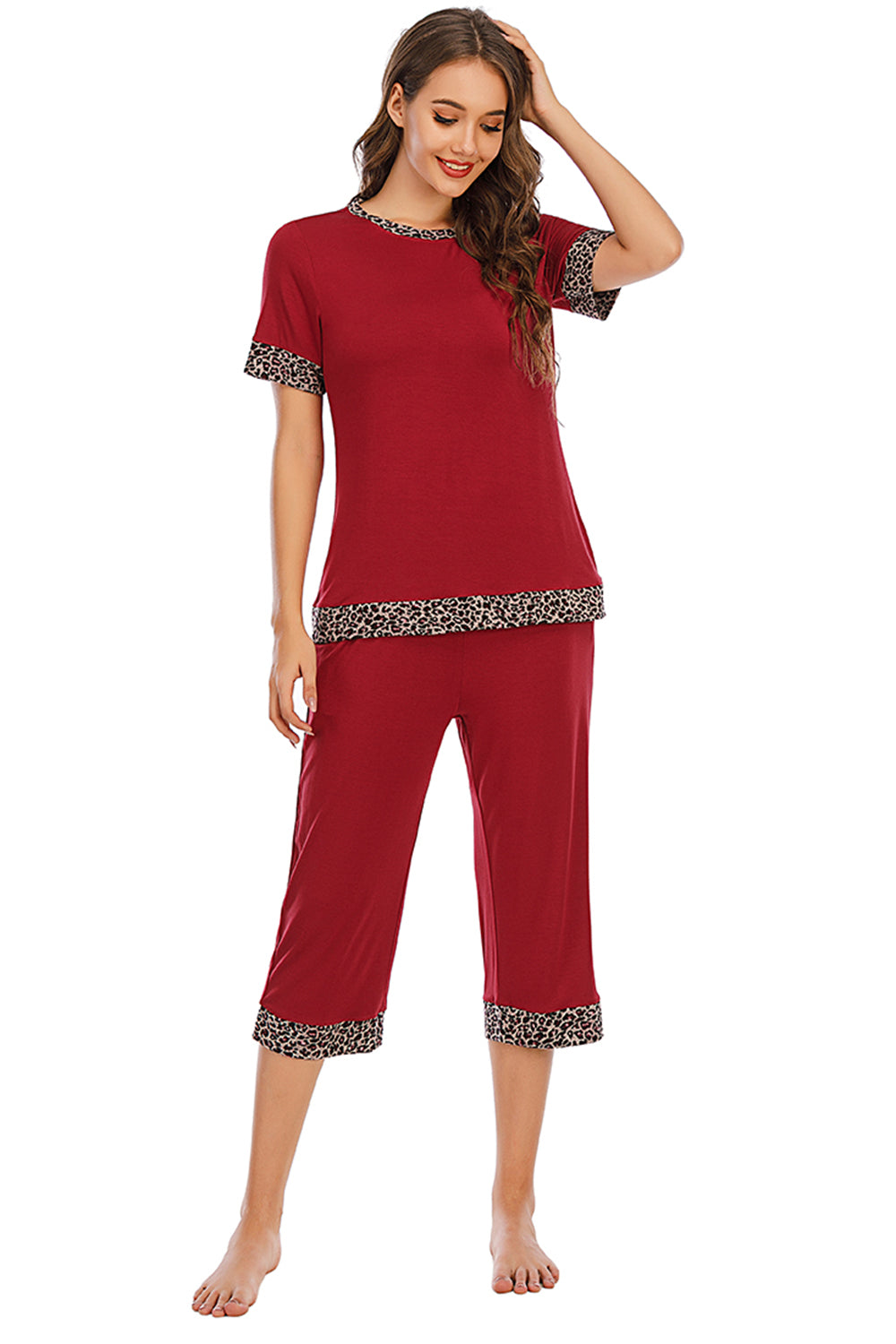 Round Neck Short Sleeve Top and Capris Pants Lounge Set