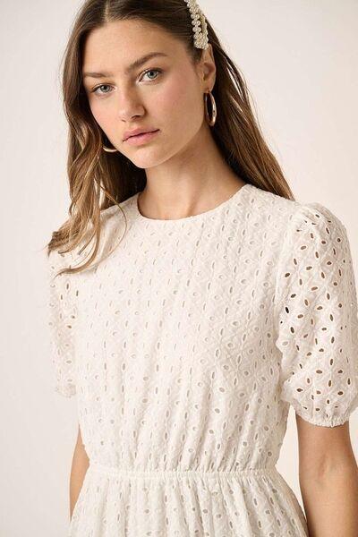 Mittoshop Eyelet Round Neck Puff Sleeve Mini Dress