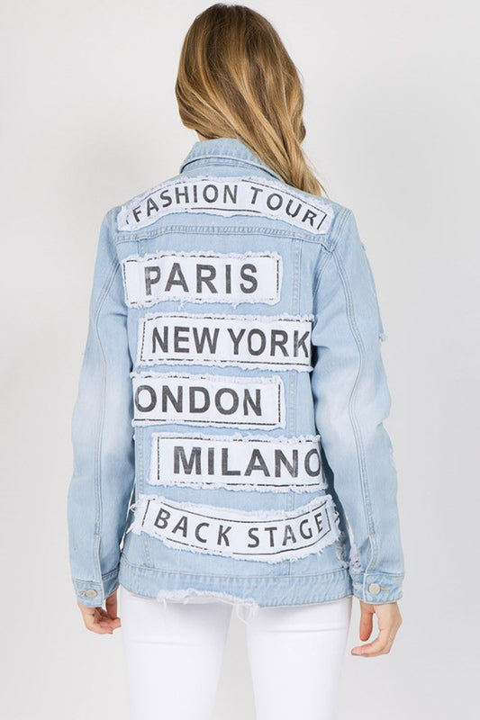 American Bazi Letter Patched Distressed Denim Jacket Light Blue