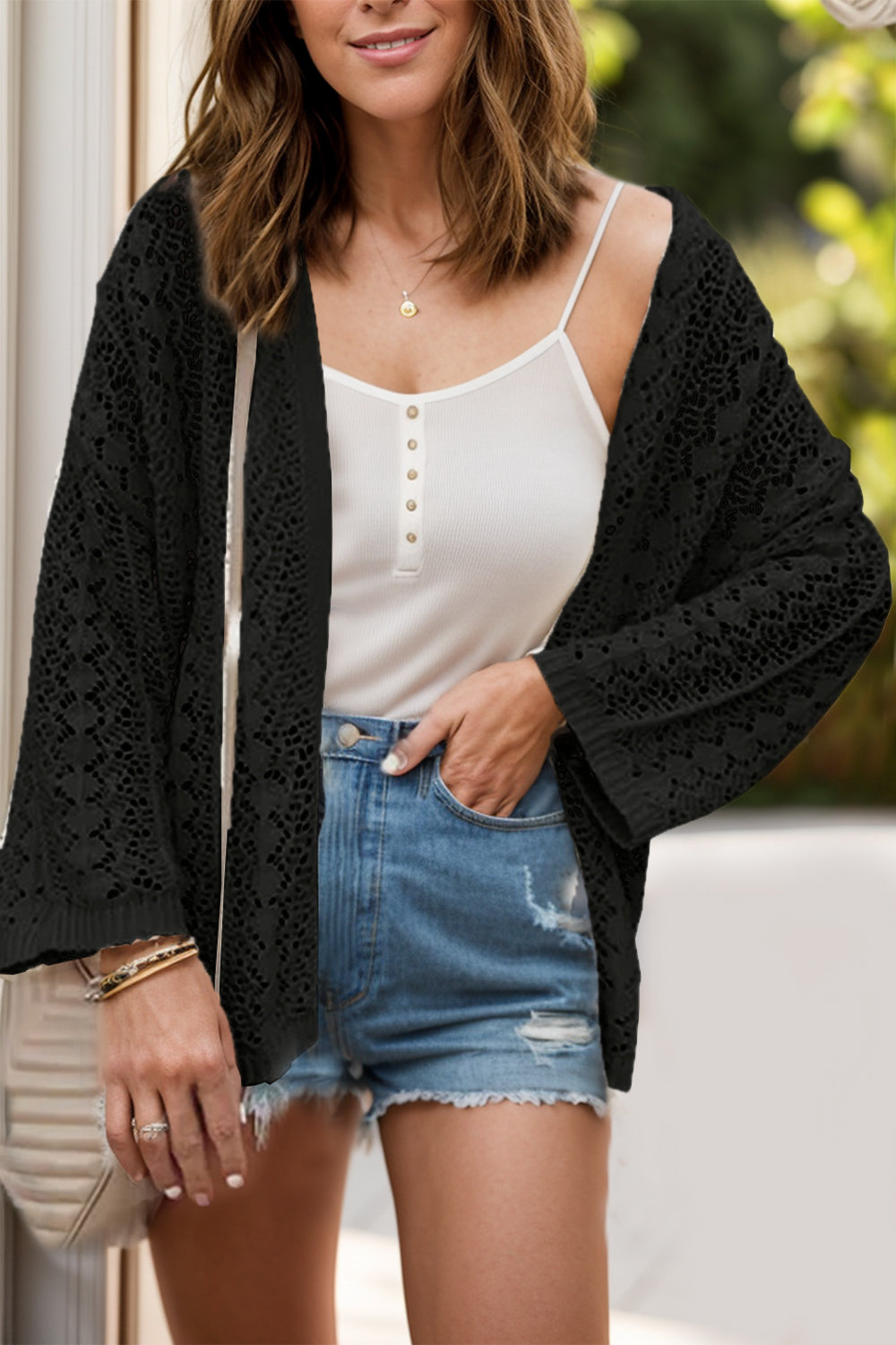 Openwork Open Front Dropped Shoulder Cardigan