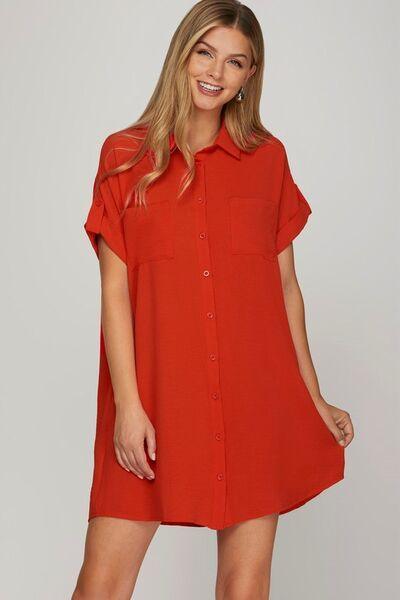 She + Sky Full Size Button Down Short Sleeve Woven Shirt Dress Plus Size Deep Red