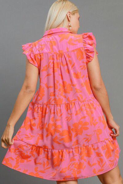 Umgee Full Size Floral Print Ruffle Cap Sleeve Tiered Dress Plus Size